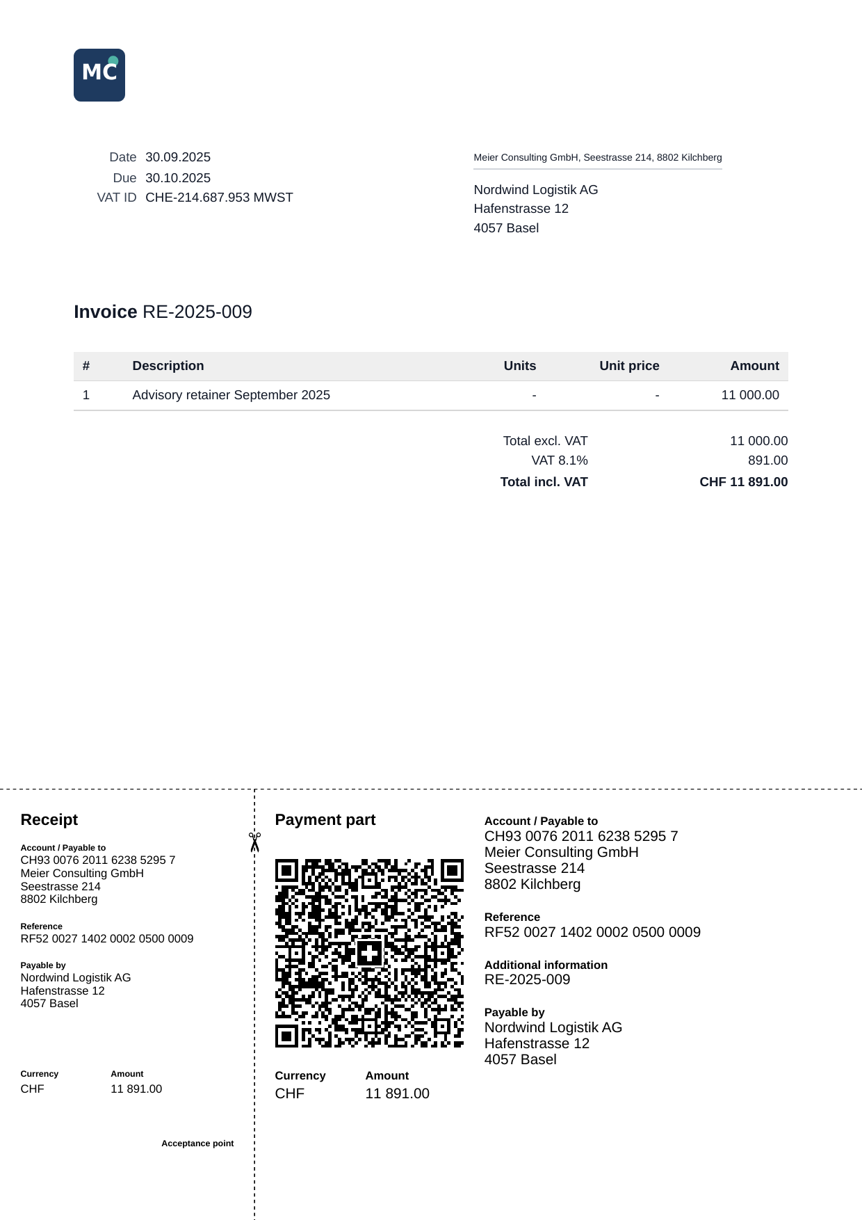 Generierte Schweizer QR-Rechnung als PDF